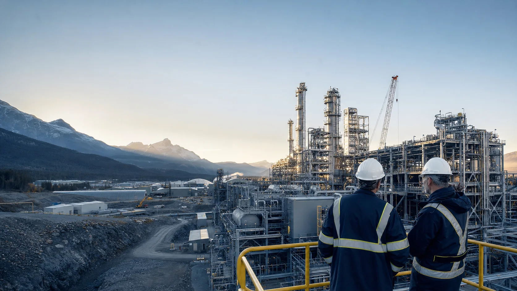 Industrial facility under development in a mountainous setting